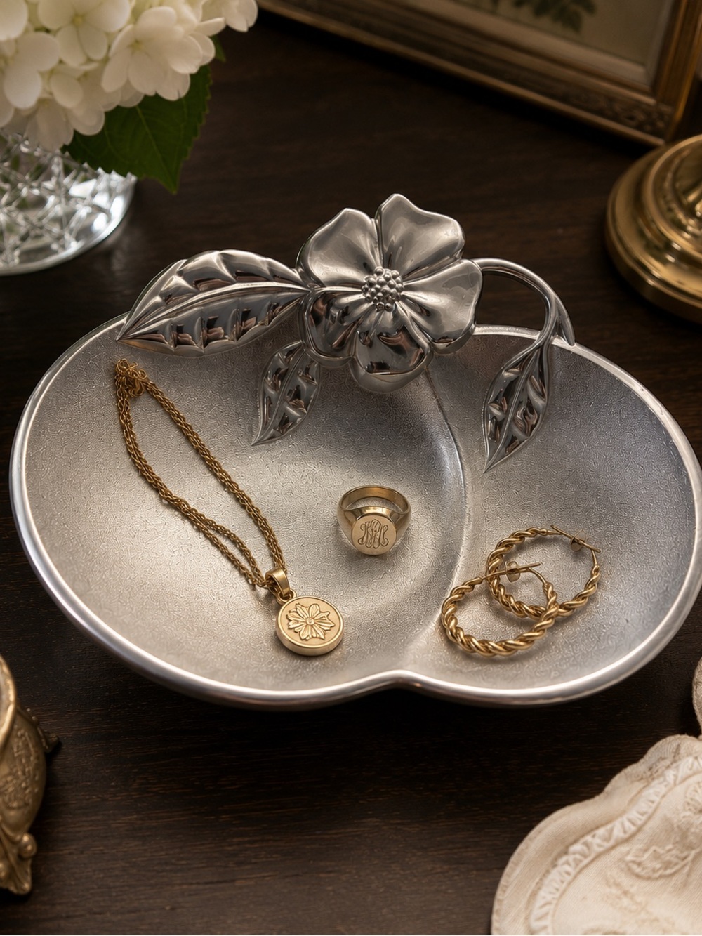 Lenox Orchard Peach Silver Jewelry Trinket Dish Floral Aluminum Vanity Tray